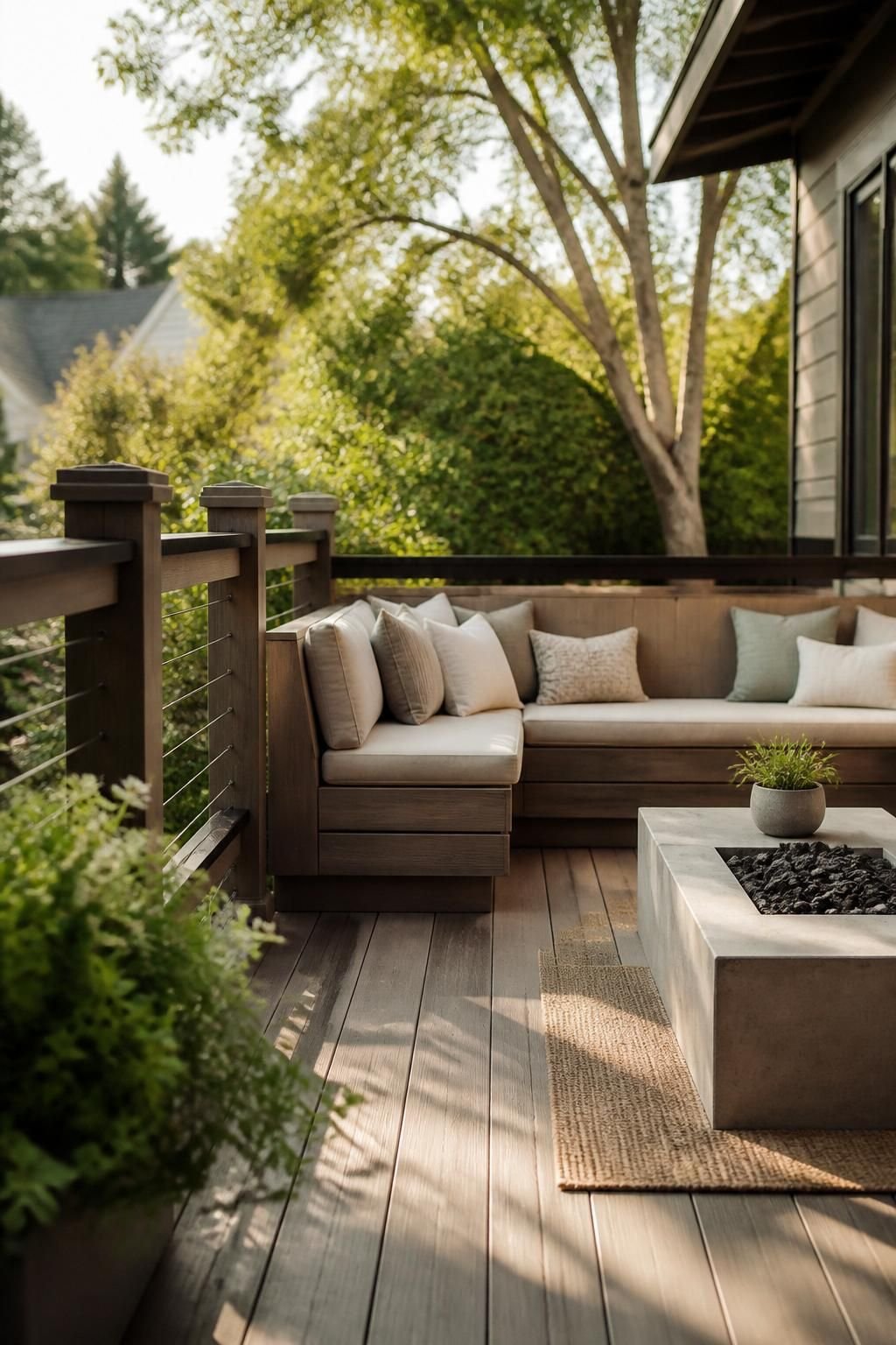 Modern backyard deck with seating and clean railing details.