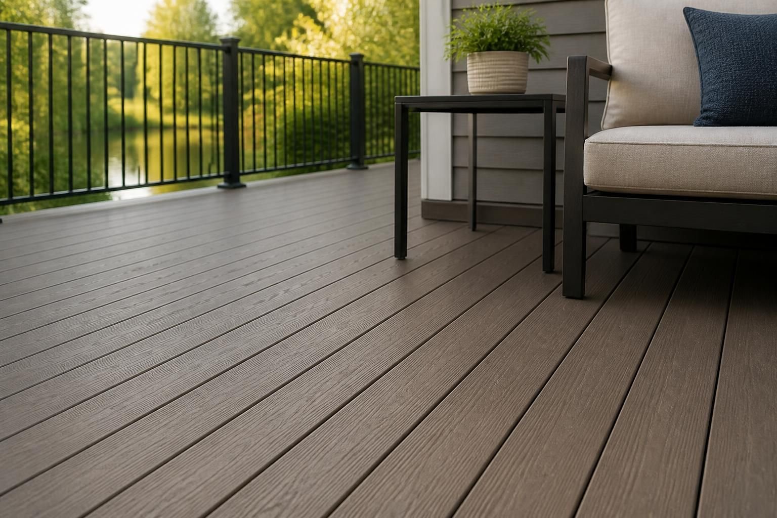 Finished composite deck with smooth modern board texture.