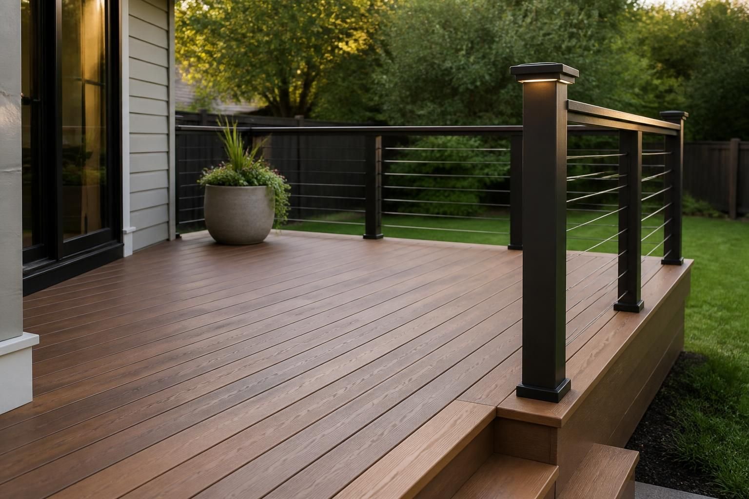 Newly completed backyard deck installation with clean railing.