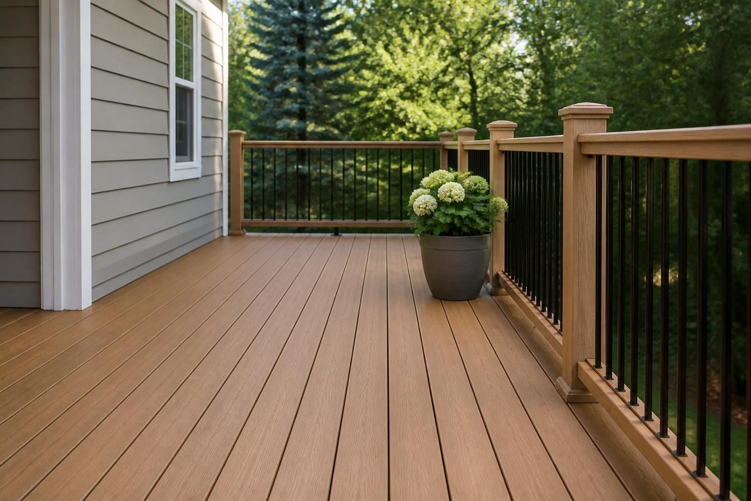 Fully replaced deck with fresh boards and clean railing.