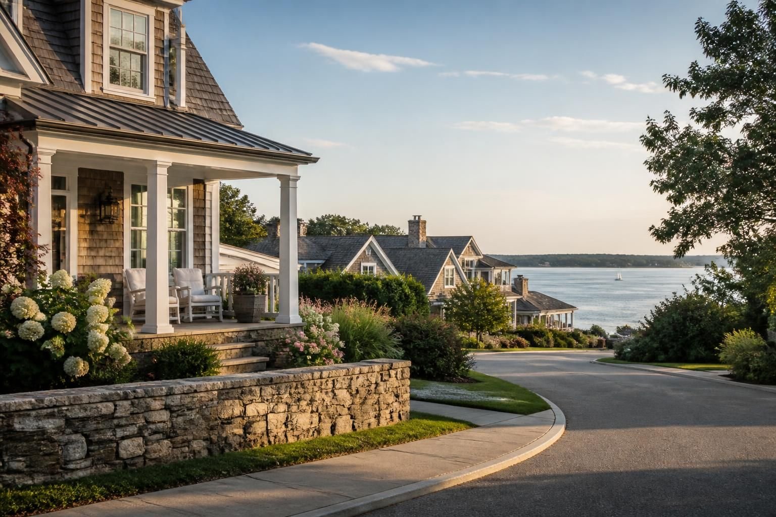 Coastal neighborhood with elegant homes and outdoor living spaces.