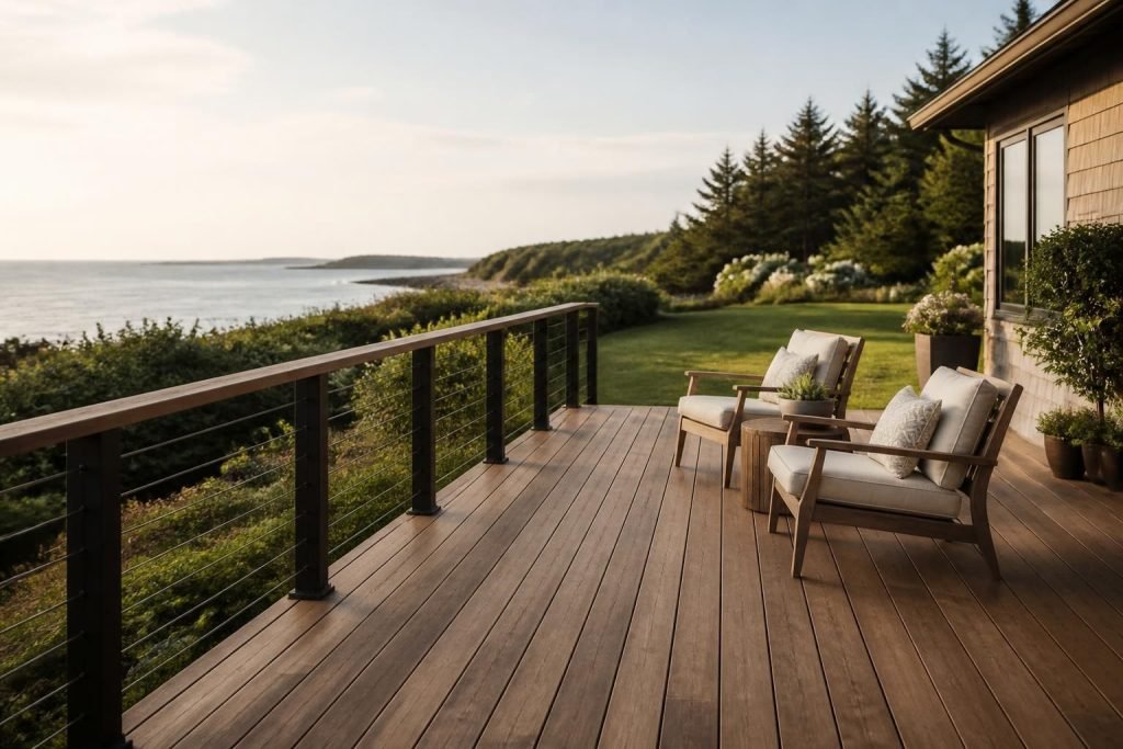 Finished backyard deck with warm wood tones and modern railing.