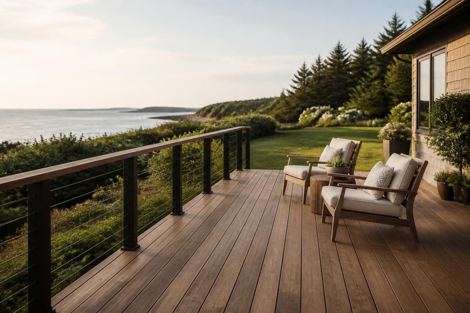 Finished backyard deck with warm wood tones and modern railing.