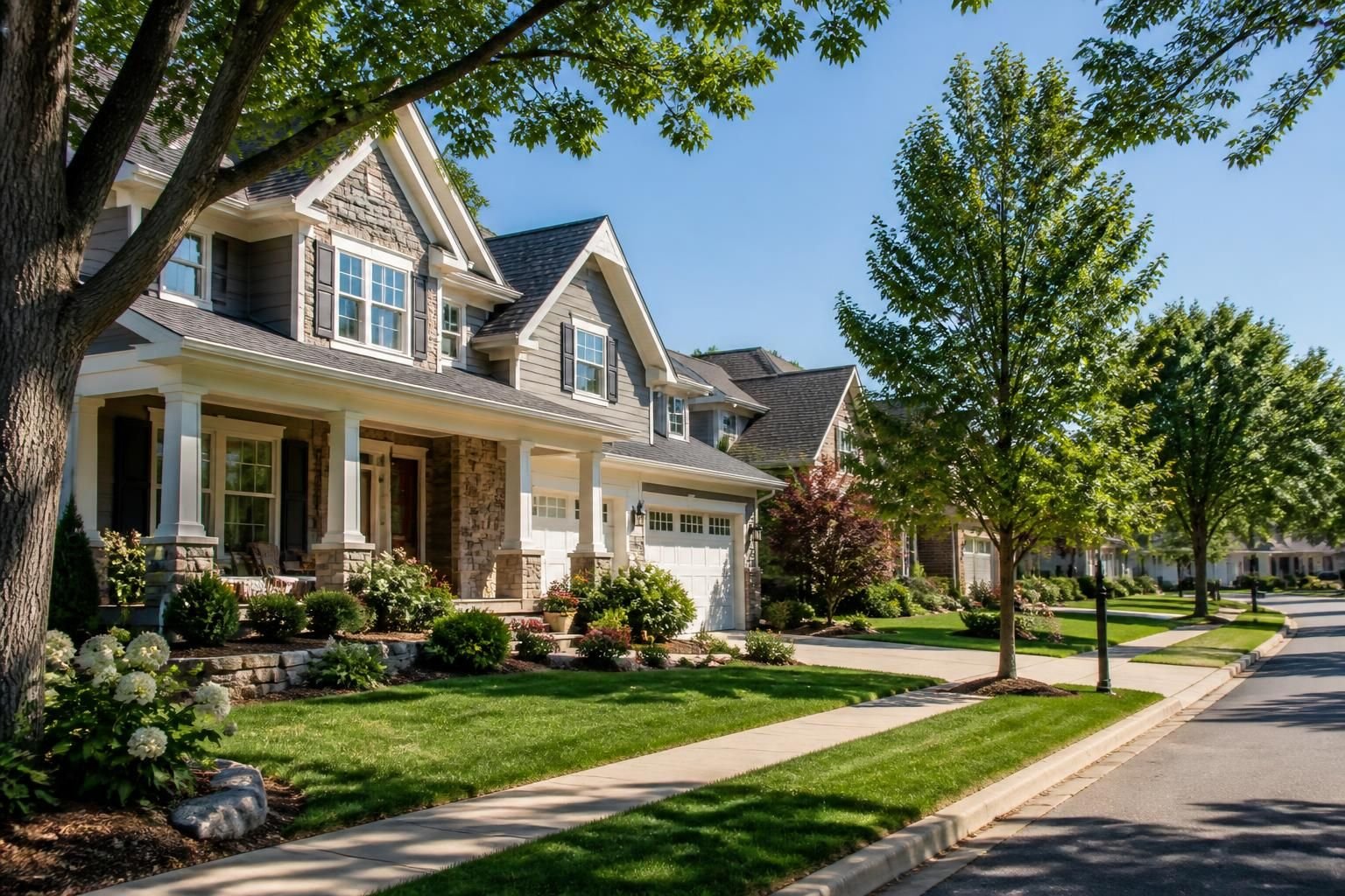Suburban neighborhood with well-kept homes and mature landscaping.