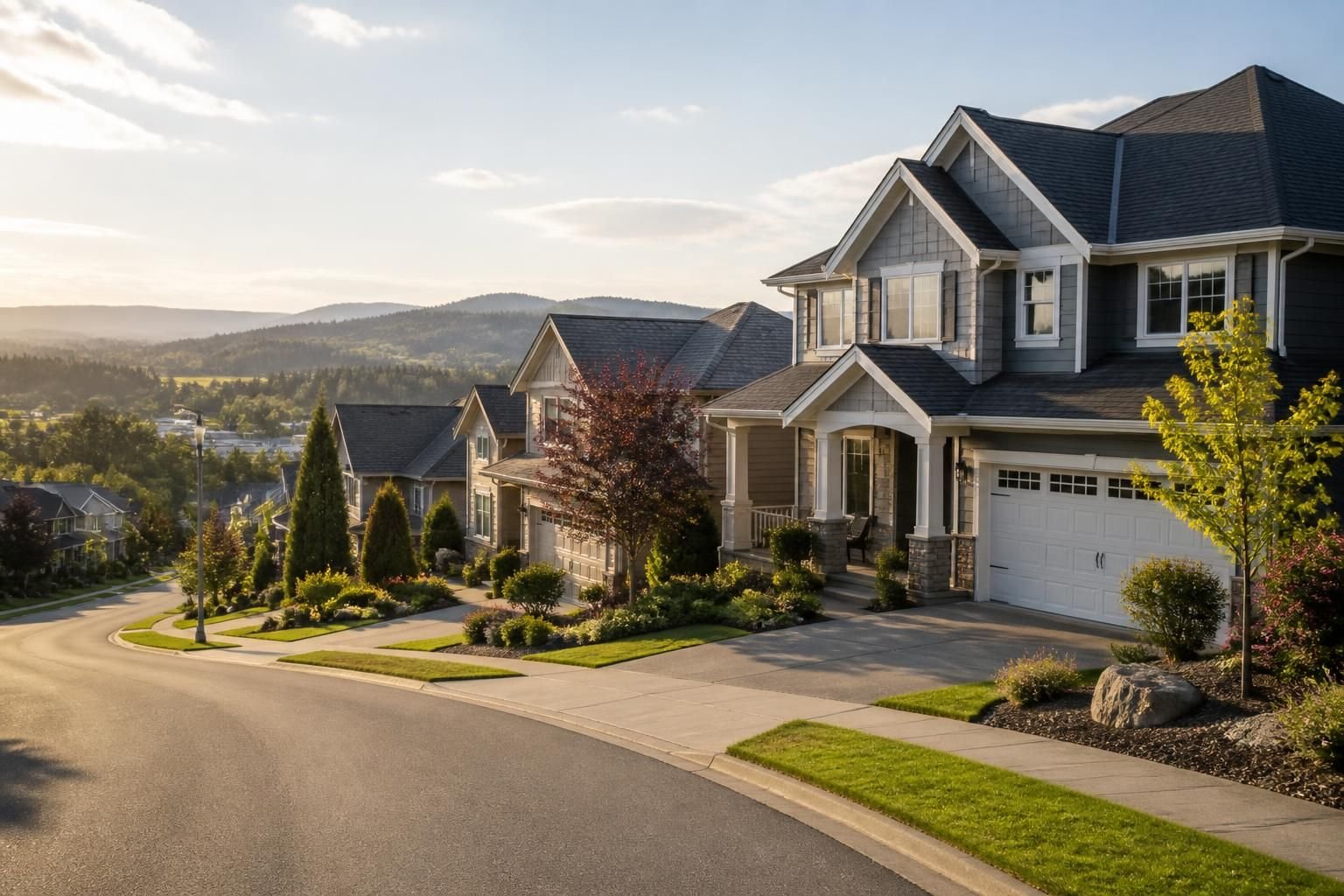 Suburban hillside neighborhood with family homes and tidy yards.