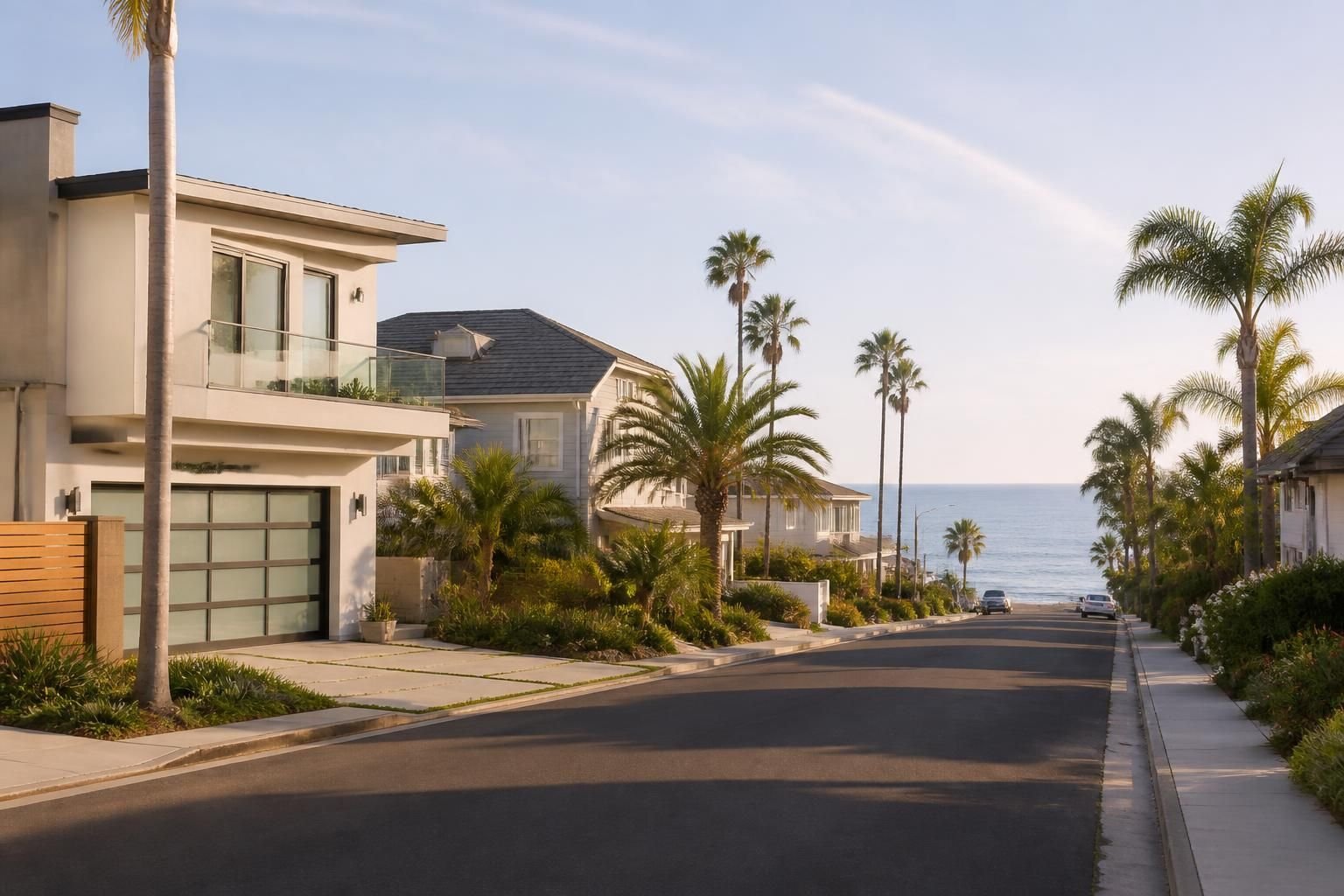 Beachside neighborhood with modern homes and palms.